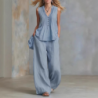 Women's Fashion Casual Solid V-Neck Ruched Loose Sleeveless Casual Wide Leg Pants Two Piece Set