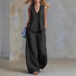 Women's Fashion Casual Solid V-Neck Ruched Loose Sleeveless Casual Wide Leg Pants Two Piece Set