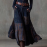 Oversized Plaid Patchwork Vintage Style Ripped Ribbed Velvet Long Sleeve Dress with Pockets