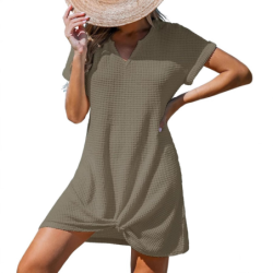 Women's Summer New Beach Dress V-Neck Knotted Cover-Up Ruffle Dress in Stock