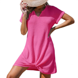 Women's Summer New Beach Dress V-Neck Knotted Cover-Up Ruffle Dress in Stock