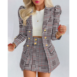 Spring/Autumn Women's Fashion Set Chic Checkered Floral Casual Short Skirt Suit Two-Piece Outfit
