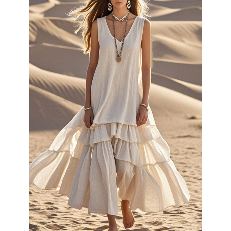 Spring New Arrivals Cotton Linen Women Loose Maxi Dress