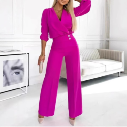 New Women's Solid Color V-Neck Two-Button Two-Piece Long Pants Set for Women