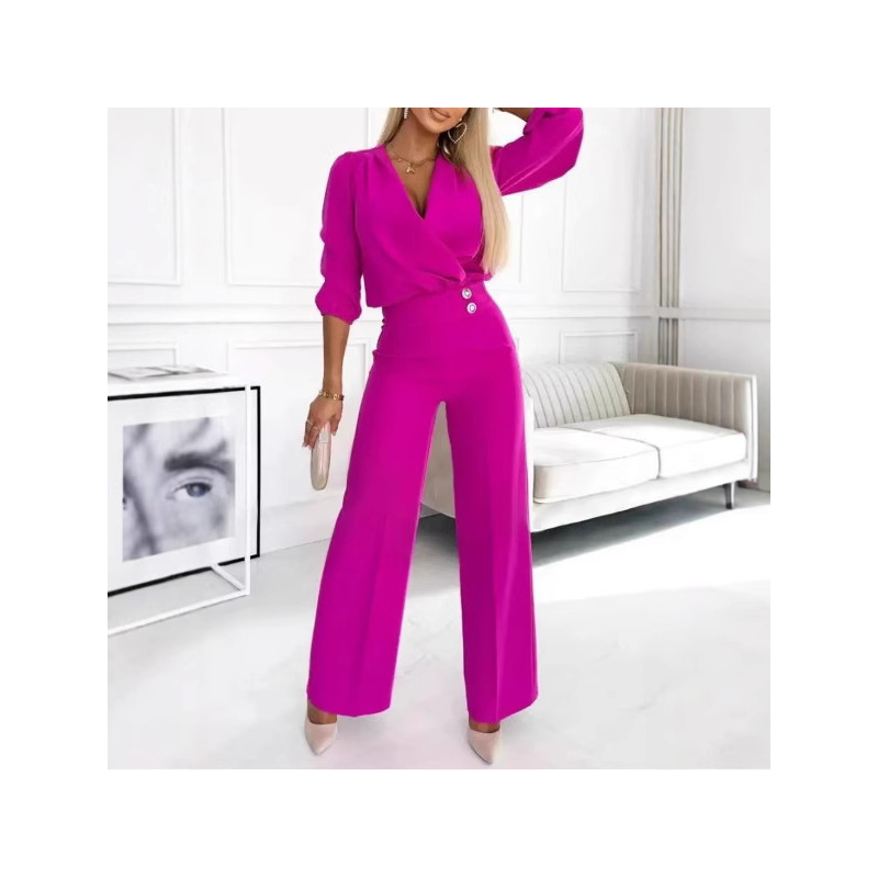 New Women's Solid Color V-Neck Two-Button Two-Piece Long Pants Set for Women
