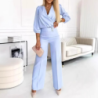 New Women's Solid Color V-Neck Two-Button Two-Piece Long Pants Set for Women