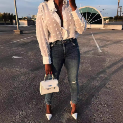 Women's Wish New Round Dot Long Sleeve Button-Down Shirt Top