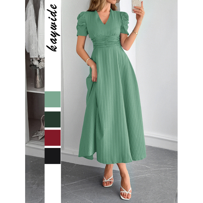 Elegant Vacation Style Bubble Sleeve Corset Long Dress for Women Summer