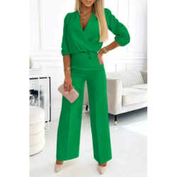 New Women's Solid Color V-Neck Two-Button Two-Piece Long Pants Set for Women