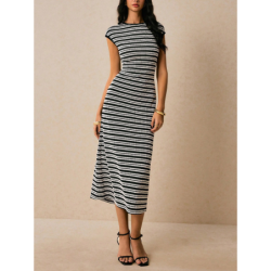 Striped Knit Dress - Imported Sleeveless Slim Fit One-Piece Midi Dress for Women
