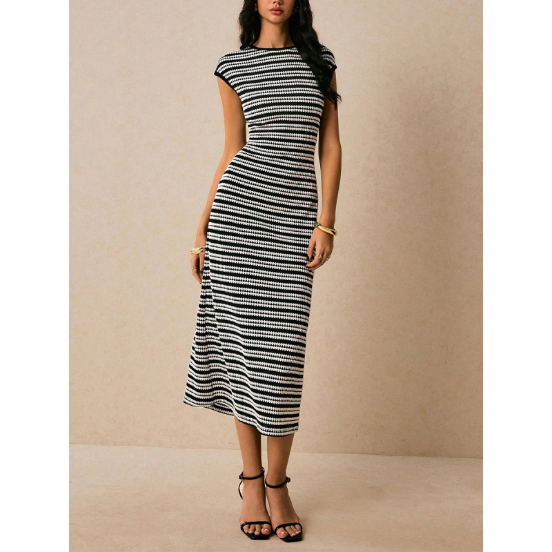 Striped Knit Dress - Imported Sleeveless Slim Fit One-Piece Midi Dress for Women