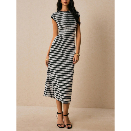 Striped Knit Dress - Imported Sleeveless Slim Fit One-Piece Midi Dress for Women