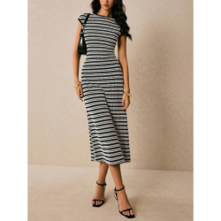 Striped Knit Dress - Imported Sleeveless Slim Fit One-Piece Midi Dress for Women