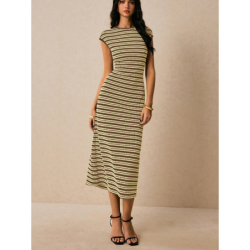 Striped Knit Dress - Imported Sleeveless Slim Fit One-Piece Midi Dress for Women
