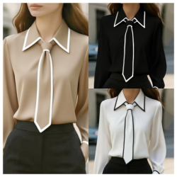 Autumn Fashion Solid Color Commute Tie Neck Long Sleeve Shirt Women's Clothing