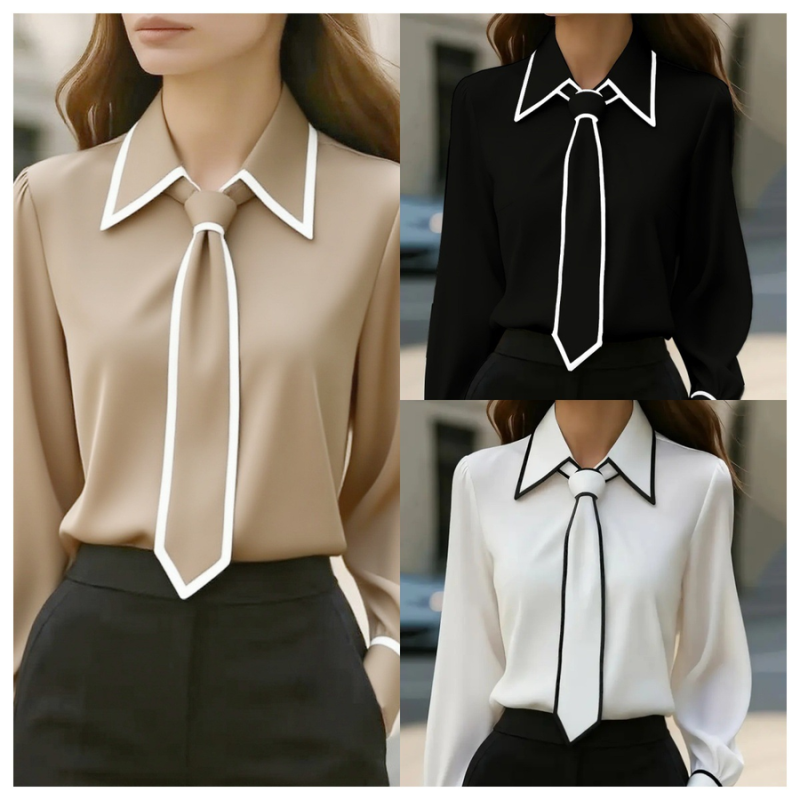 Autumn Fashion Solid Color Commute Tie Neck Long Sleeve Shirt Women's Clothing