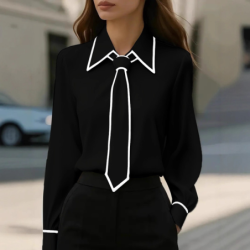  Autumn Fashion Solid Color Commute Tie Neck Long Sleeve Shirt Women's Clothing