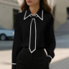  Autumn Fashion Solid Color Commute Tie Neck Long Sleeve Shirt Women's Clothing