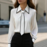  Autumn Fashion Solid Color Commute Tie Neck Long Sleeve Shirt Women's Clothing