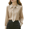  Autumn Fashion Solid Color Commute Tie Neck Long Sleeve Shirt Women's Clothing