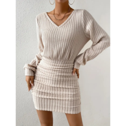 Fall Winter New Women's Faux Fur Crew Neck Long Sleeve Bodycon Dress