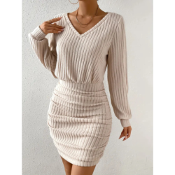 Fall Winter New Women's Faux Fur Crew Neck Long Sleeve Bodycon Dress