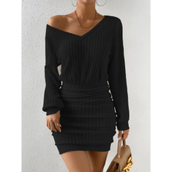 Fall Winter New Women's Faux Fur Crew Neck Long Sleeve Bodycon Dress