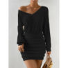 Fall Winter New Women's Faux Fur Crew Neck Long Sleeve Bodycon Dress