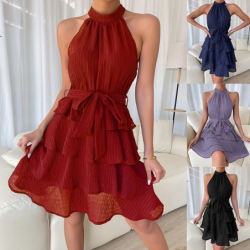Women's Summer Tie-Up Hanger Dress Patchwork Sleeveless Ruffled Hem Dress