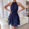 Women's Summer Tie-Up Hanger Dress Patchwork Sleeveless Ruffled Hem Dress
