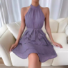 Women's Summer Tie-Up Hanger Dress Patchwork Sleeveless Ruffled Hem Dress