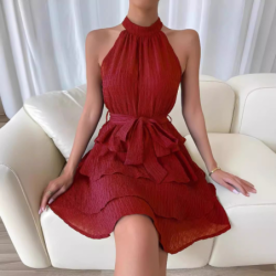 Women's Summer Tie-Up Hanger Dress Patchwork Sleeveless Ruffled Hem Dress