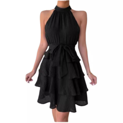 Women's Summer Tie-Up Hanger Dress Patchwork Sleeveless Ruffled Hem Dress