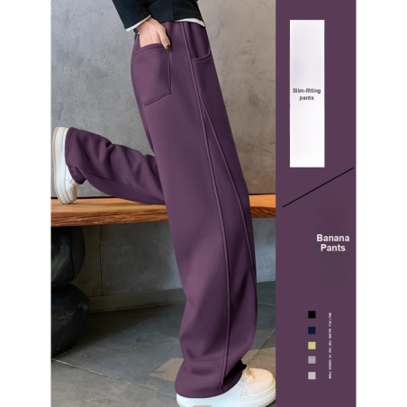 Dark Plum Banana Wide Leg Pants Women Winter Fall Long Sleeve High Waist Fleece Joggers