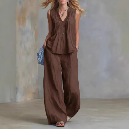 Women's Fashion Casual Solid V-Neck Ruched Loose Sleeveless Casual Wide Leg Pants Two Piece Set