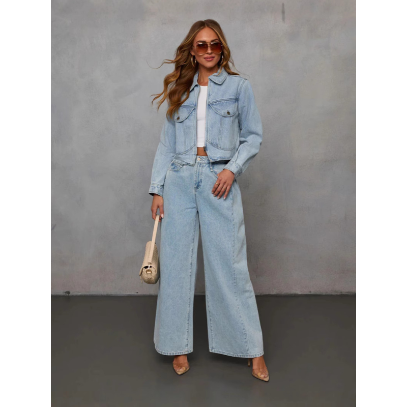 Windy Spring Fashion Casual Loose Women's Denim Jacket Pants Set
