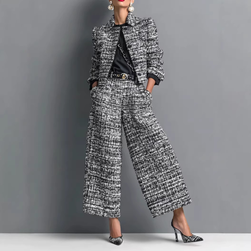 New Stand Collar Slim Fit Women's Jacket Set with Wide Leg Pants