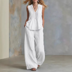 Women's Fashion Casual Solid V-Neck Ruched Loose Sleeveless Casual Wide Leg Pants Two Piece Set