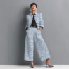 New Stand Collar Slim Fit Women's Jacket Set with Wide Leg Pants