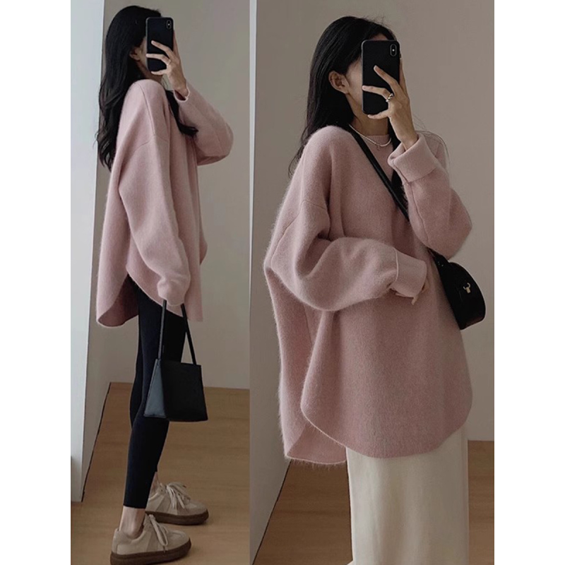 Pink Crewneck Sweater Women's New Fall Outfit Korean Style Atmosphere Aesthetic Top