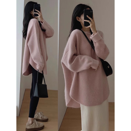 Pink Crewneck Sweater Women's New Fall Outfit Korean Style Atmosphere Aesthetic Top