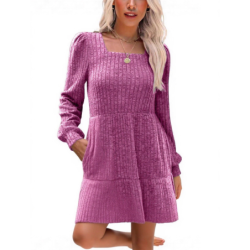 Autumn New Style Textured Casual Long Sleeve Crew Neck Pocket Dress with Knit Sweater Lining