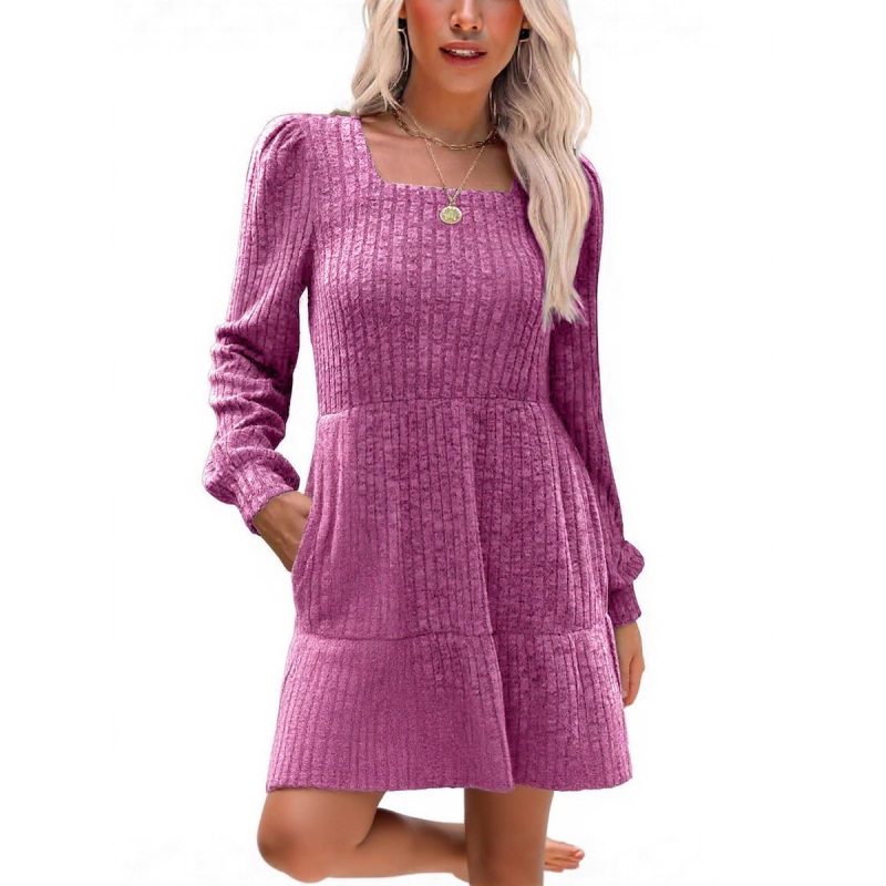 Autumn New Style Textured Casual Long Sleeve Crew Neck Pocket Dress with Knit Sweater Lining
