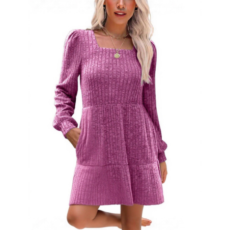 Autumn New Style Textured Casual Long Sleeve Crew Neck Pocket Dress with Knit Sweater Lining
