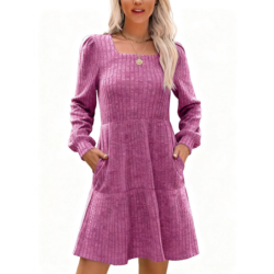 Autumn New Style Textured Casual Long Sleeve Crew Neck Pocket Dress with Knit Sweater Lining