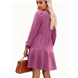 Autumn New Style Textured Casual Long Sleeve Crew Neck Pocket Dress with Knit Sweater Lining