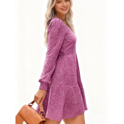Autumn New Style Textured Casual Long Sleeve Crew Neck Pocket Dress with Knit Sweater Lining