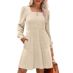 Autumn New Style Textured Casual Long Sleeve Crew Neck Pocket Dress with Knit Sweater Lining