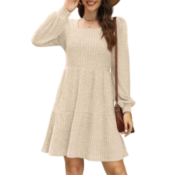 Autumn New Style Textured Casual Long Sleeve Crew Neck Pocket Dress with Knit Sweater Lining