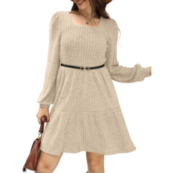 Autumn New Style Textured Casual Long Sleeve Crew Neck Pocket Dress with Knit Sweater Lining